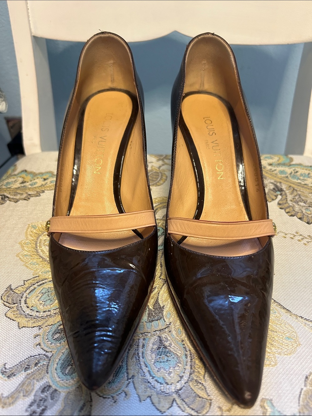 Louis Vuitton Dark Brown Patent Leather Pointed Toe Pumps with Tan Strap